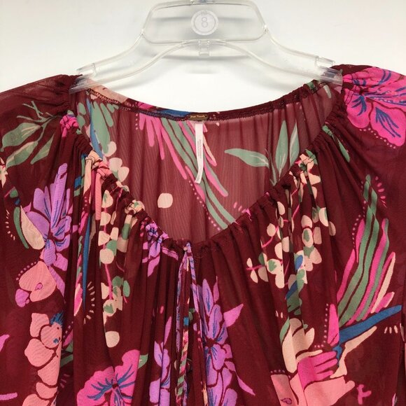 Free People Red Floral Piece Of Paradise Blouse Bell Sleeve Tie Front Crop Top S - Picture 5 of 16